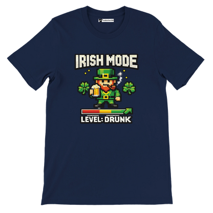 Navy blue St. Patrick's Day tee with pixel leprechaun, 'Irish Mode Level: Drunk' text, shamrocks, beer mug