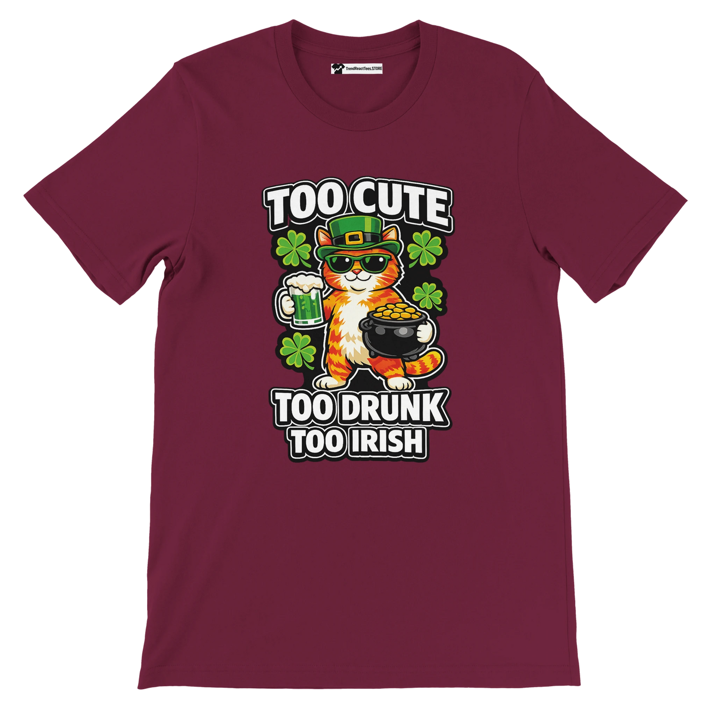 Maroon t-shirt with cute cat in Irish hat, holding beer and pot of gold, shamrocks, St. Patrick's Day theme.