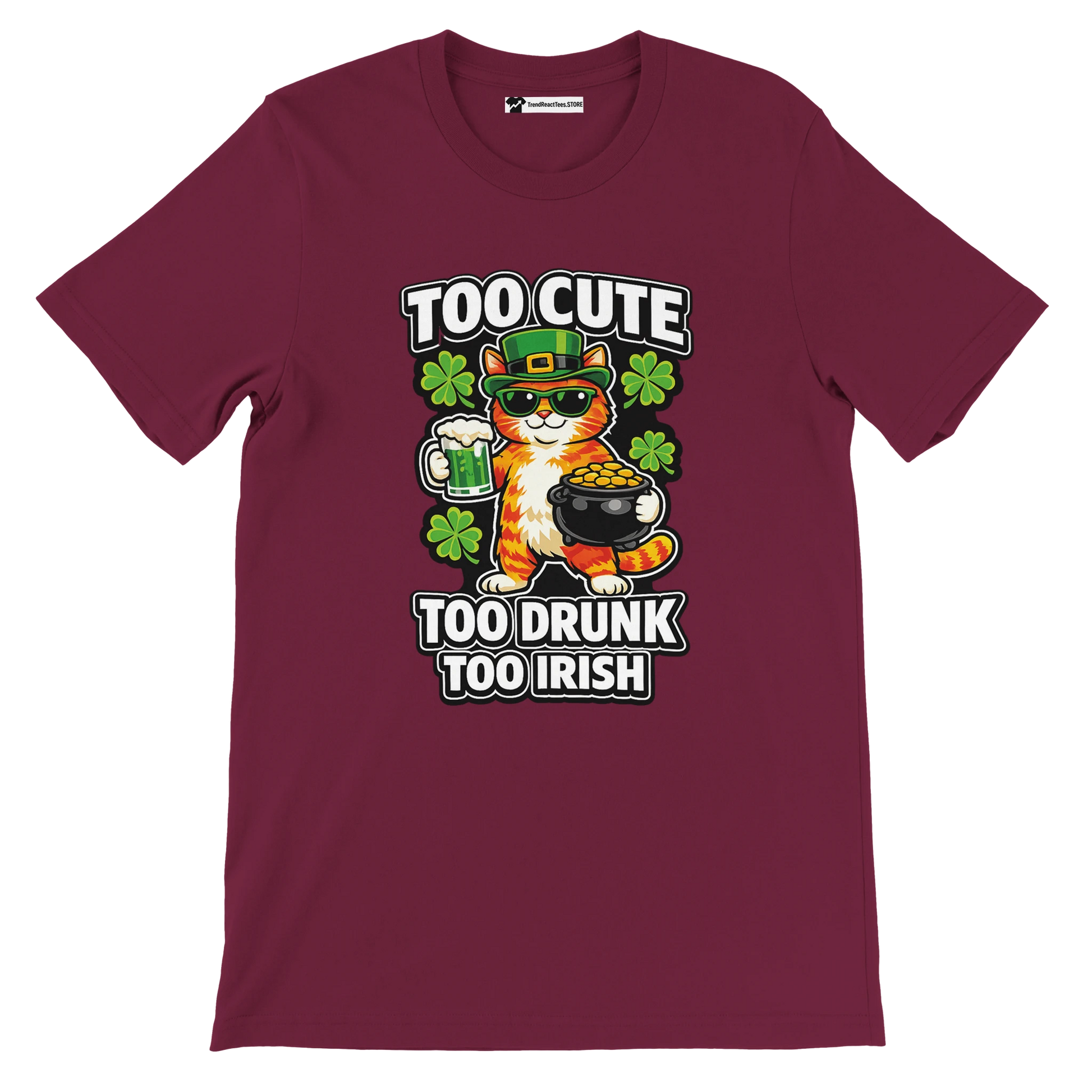 Maroon t-shirt with cute cat in Irish hat, holding beer and pot of gold, shamrocks, St. Patrick's Day theme.