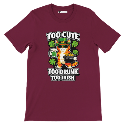 Maroon t-shirt with cute cat in Irish hat, holding beer and pot of gold, shamrocks, St. Patrick's Day theme.