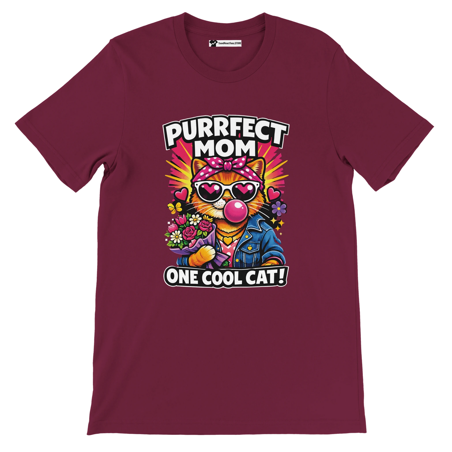 Maroon T-shirt with cartoon cat in sunglasses, flowers, and text 'Purrfect Mom One Cool Cat'.