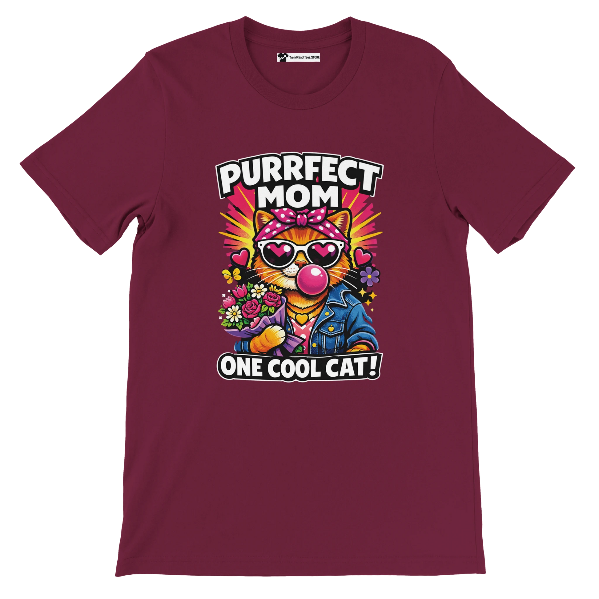 Maroon T-shirt with cartoon cat in sunglasses, flowers, and text 'Purrfect Mom One Cool Cat'.