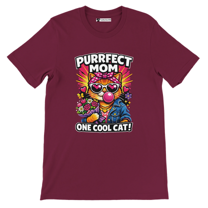 Maroon T-shirt with cartoon cat in sunglasses, flowers, and text 'Purrfect Mom One Cool Cat'.