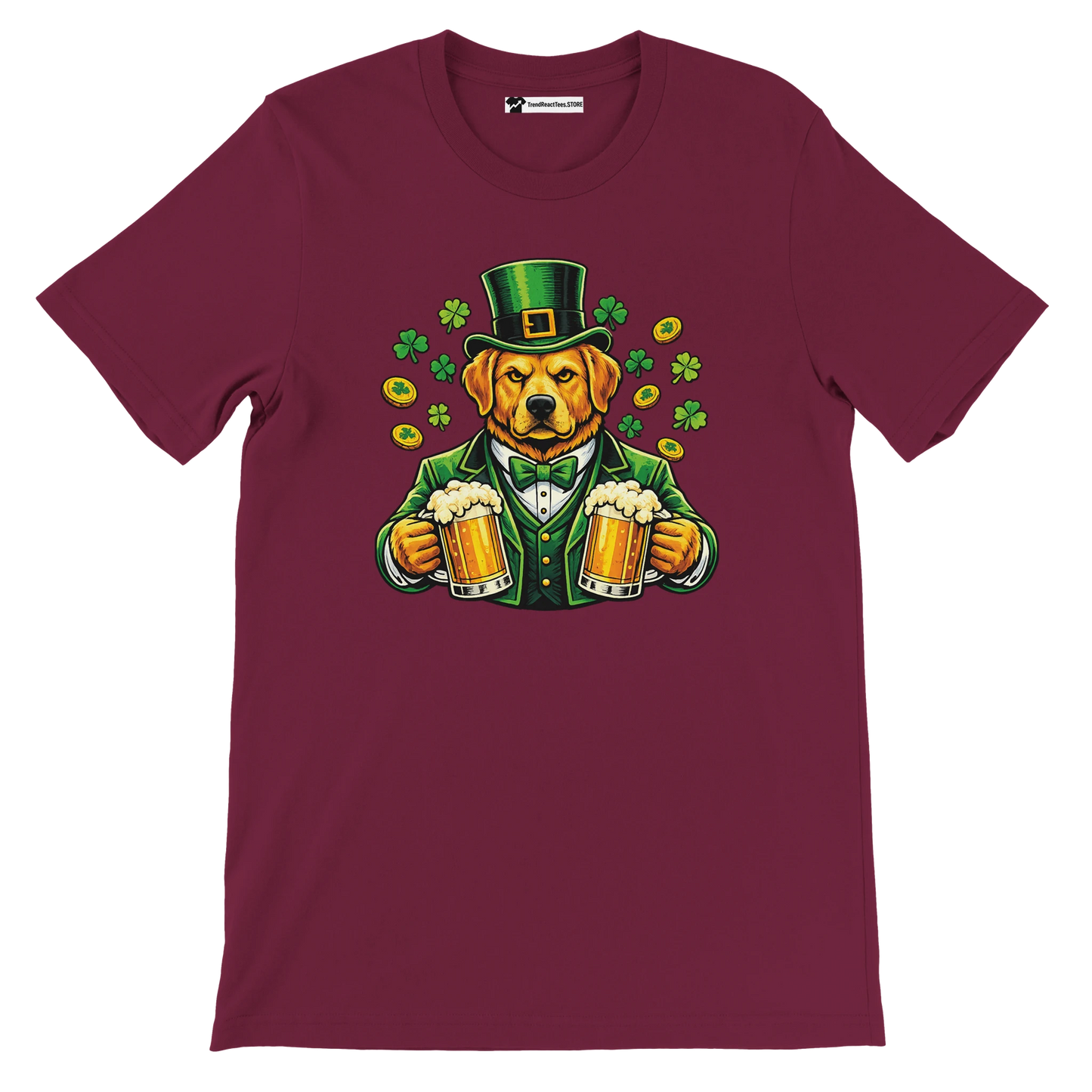 Dog in green suit and hat holding beer mugs with shamrocks and coins, St. Patrick's Day tee