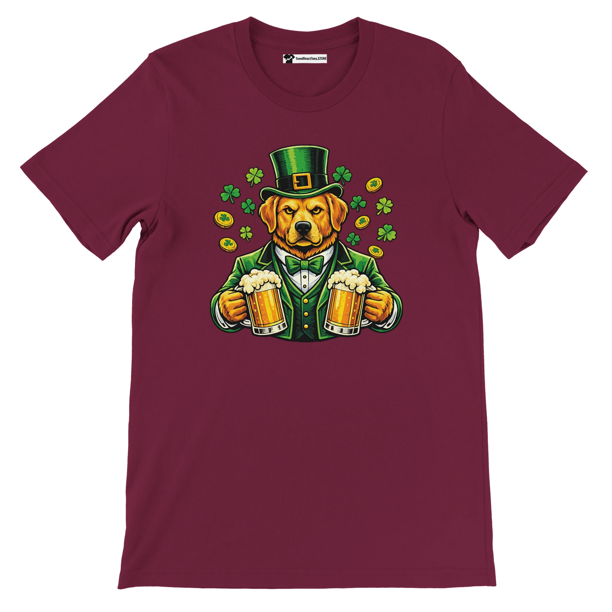 Dog in green suit and hat holding beer mugs with shamrocks and coins, St. Patrick's Day tee