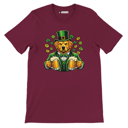 Dog in green suit and hat holding beer mugs with shamrocks and coins, St. Patrick's Day tee
