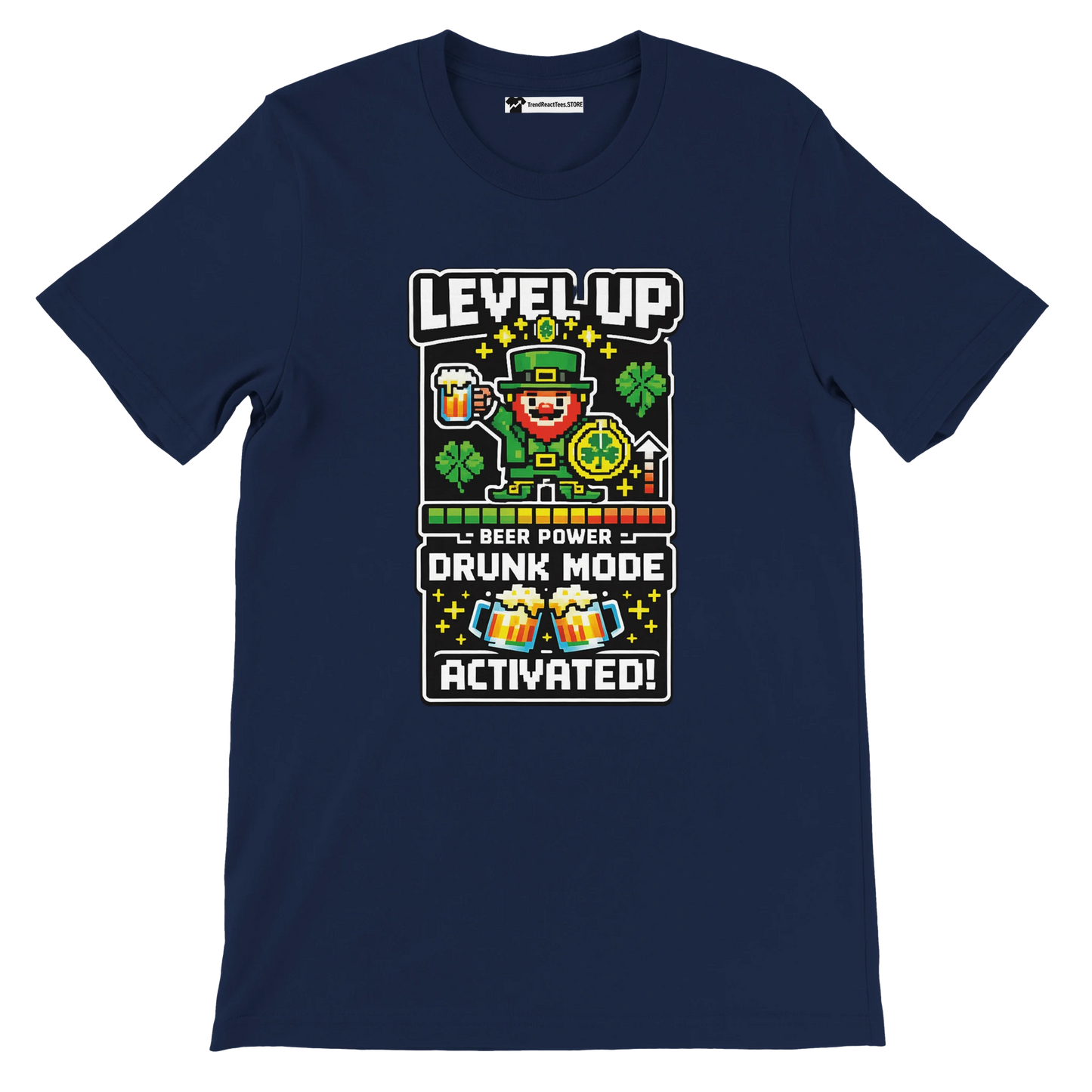 Navy St. Patrick's Day tee with pixel leprechaun, beer, shamrocks, 'Level Up Drunk Mode Activated' text