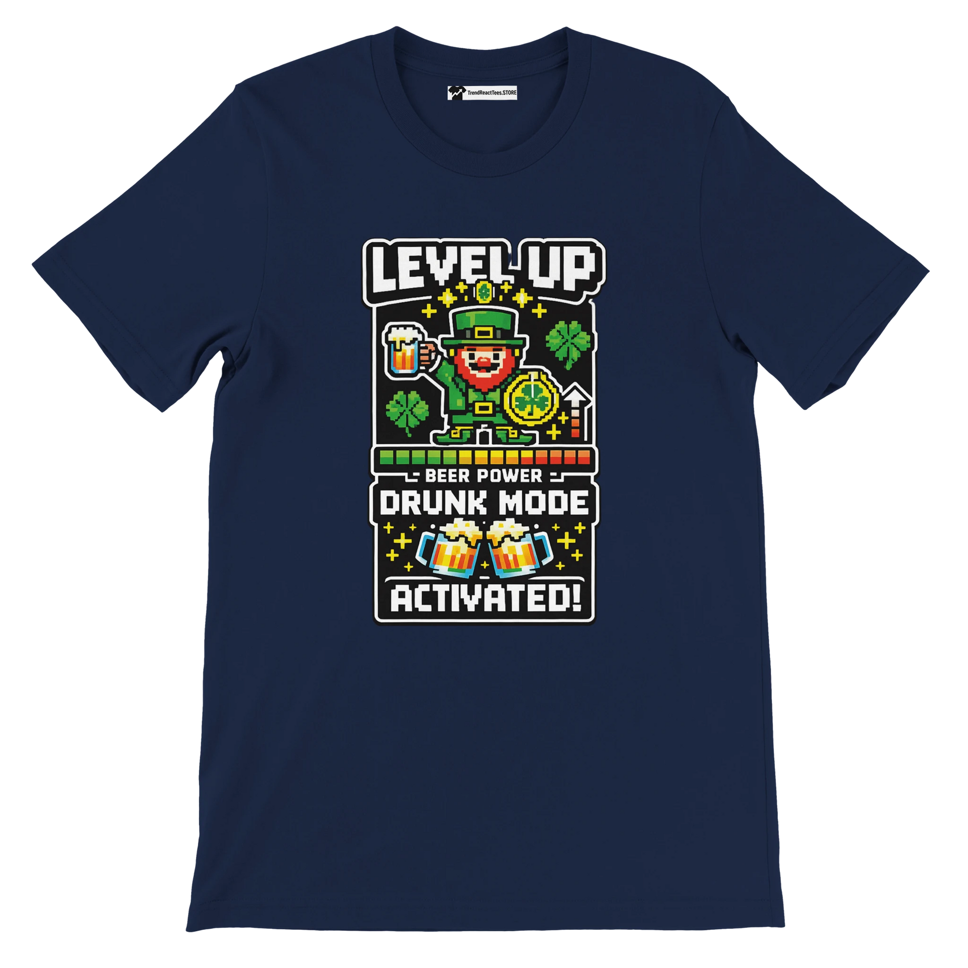 Navy St. Patrick's Day tee with pixel leprechaun, beer, shamrocks, 'Level Up Drunk Mode Activated' text
