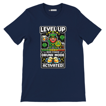 Navy St. Patrick's Day tee with pixel leprechaun, beer, shamrocks, 'Level Up Drunk Mode Activated' text