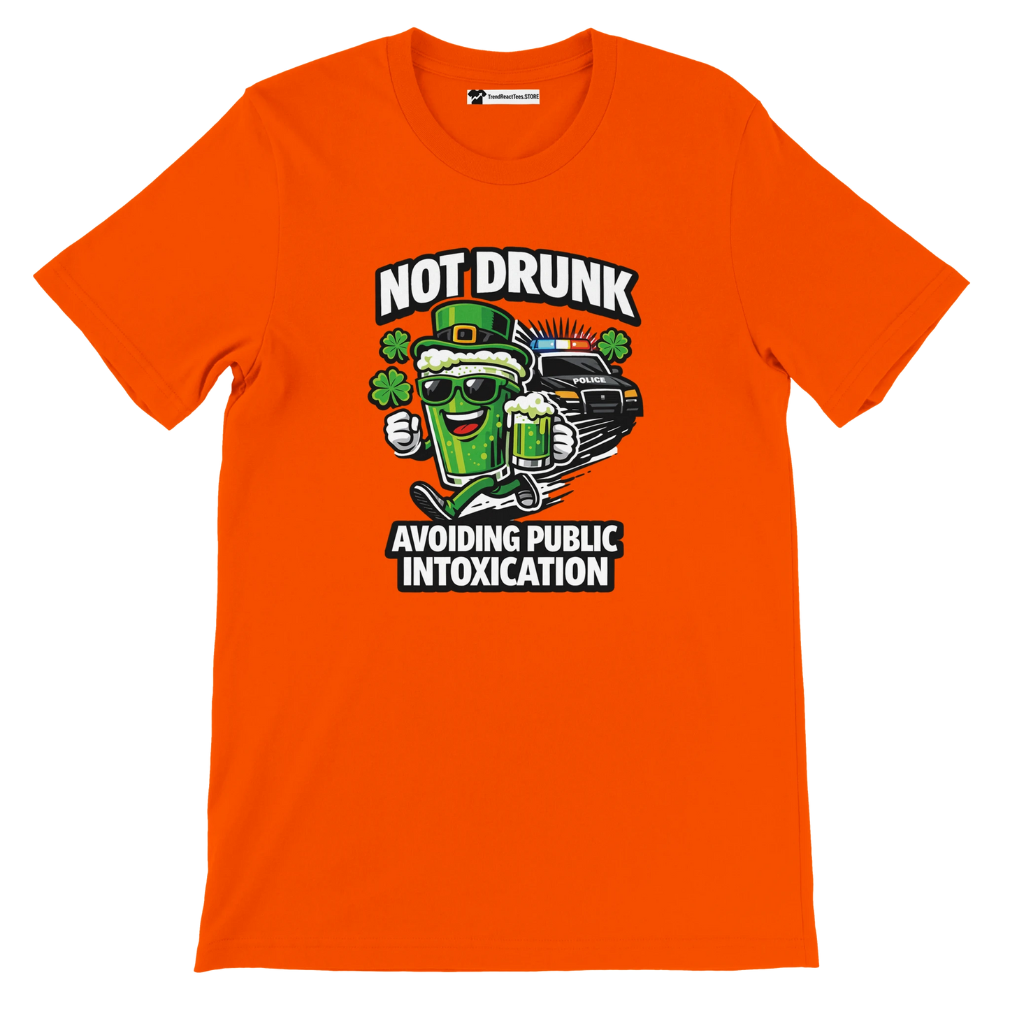 Orange graphic tee with cartoon beer mug, shamrocks, police car, and St. Patrick's Day slogan.