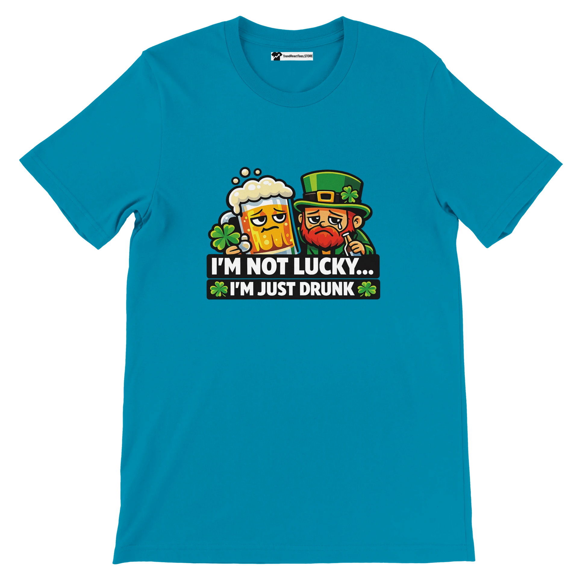 Blue St. Patrick's Day tee with leprechaun, beer, and 'I'm not lucky... I'm just drunk' text
