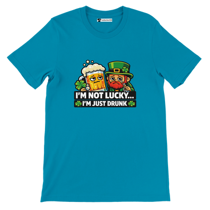 Blue St. Patrick's Day tee with leprechaun, beer, and 'I'm not lucky... I'm just drunk' text
