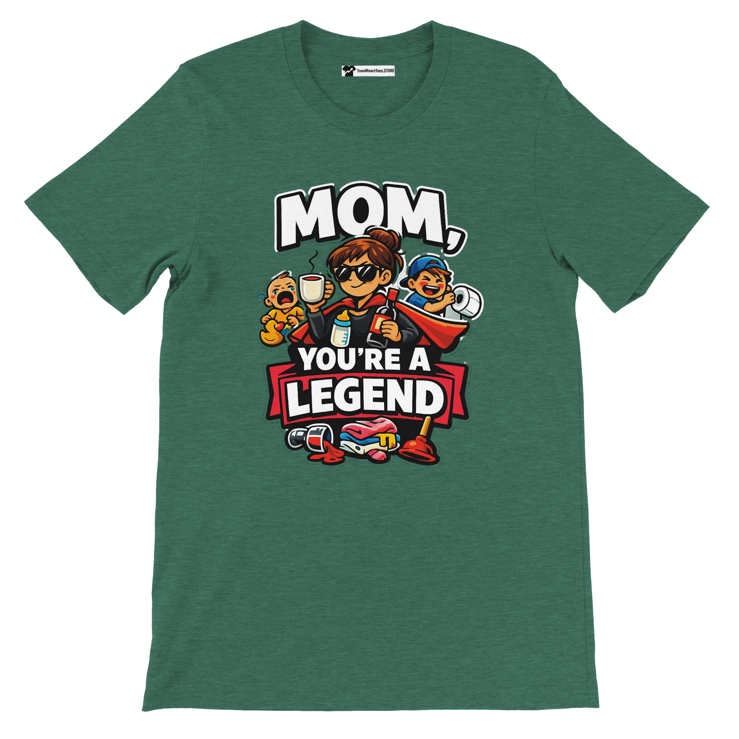 Green t-shirt with cartoon mom and kids, coffee, cleaning icons, and text 'Mom, You’re a Legend'.