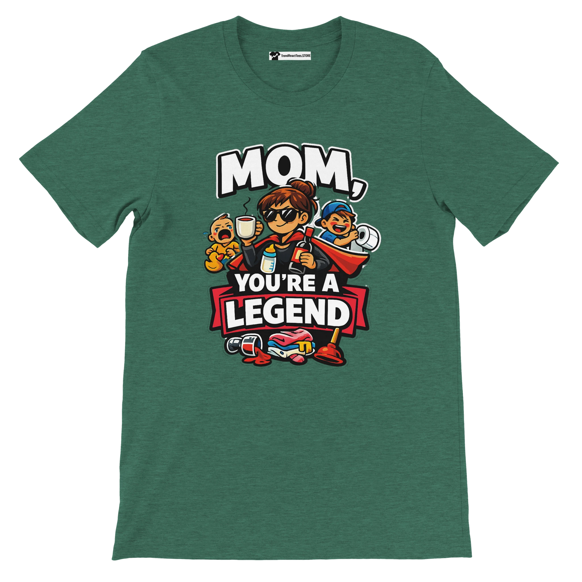 Green t-shirt with cartoon mom and kids, coffee, cleaning icons, and text 'Mom, You’re a Legend'.