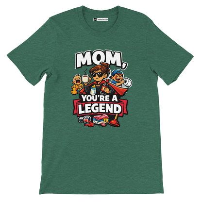 Green t-shirt with cartoon mom and kids, coffee, cleaning icons, and text 'Mom, You’re a Legend'.