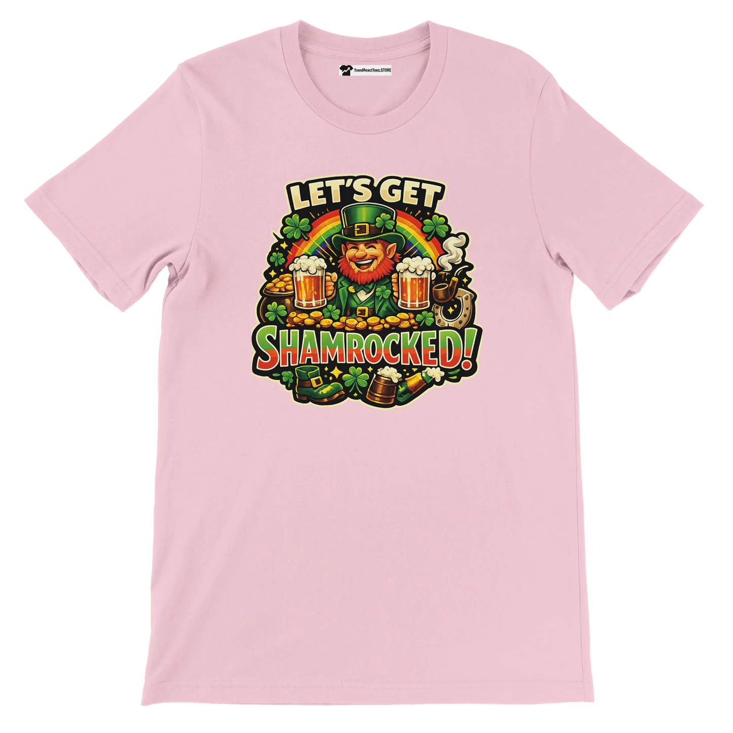 Pink St. Patrick's Day tee with leprechaun, shamrocks, beer, and 'Let's Get Shamrocked!' text