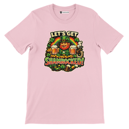 Pink St. Patrick's Day tee with leprechaun, shamrocks, beer, and 'Let's Get Shamrocked!' text