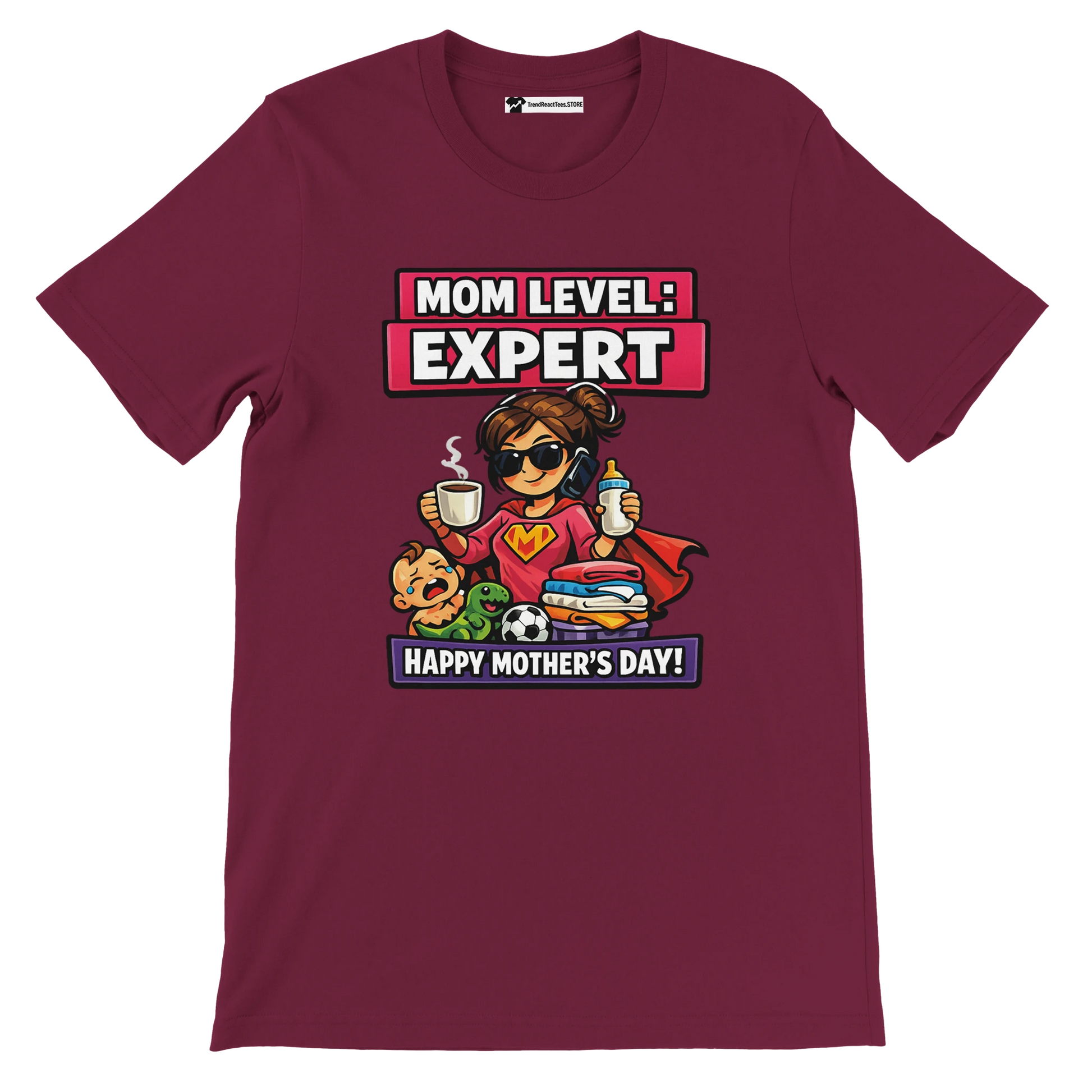 Anime-style maroon tee with superhero mom and 'Mom Level: Expert, Happy Mother's Day' graphic