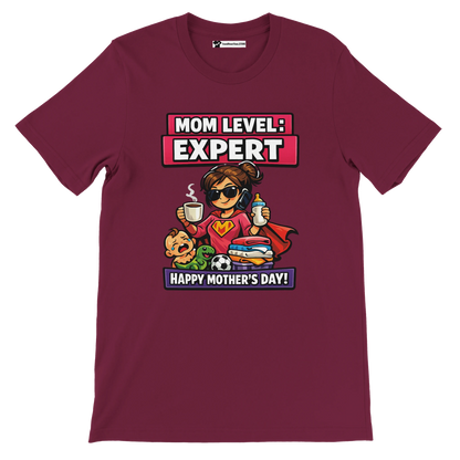 Anime-style maroon tee with superhero mom and 'Mom Level: Expert, Happy Mother's Day' graphic