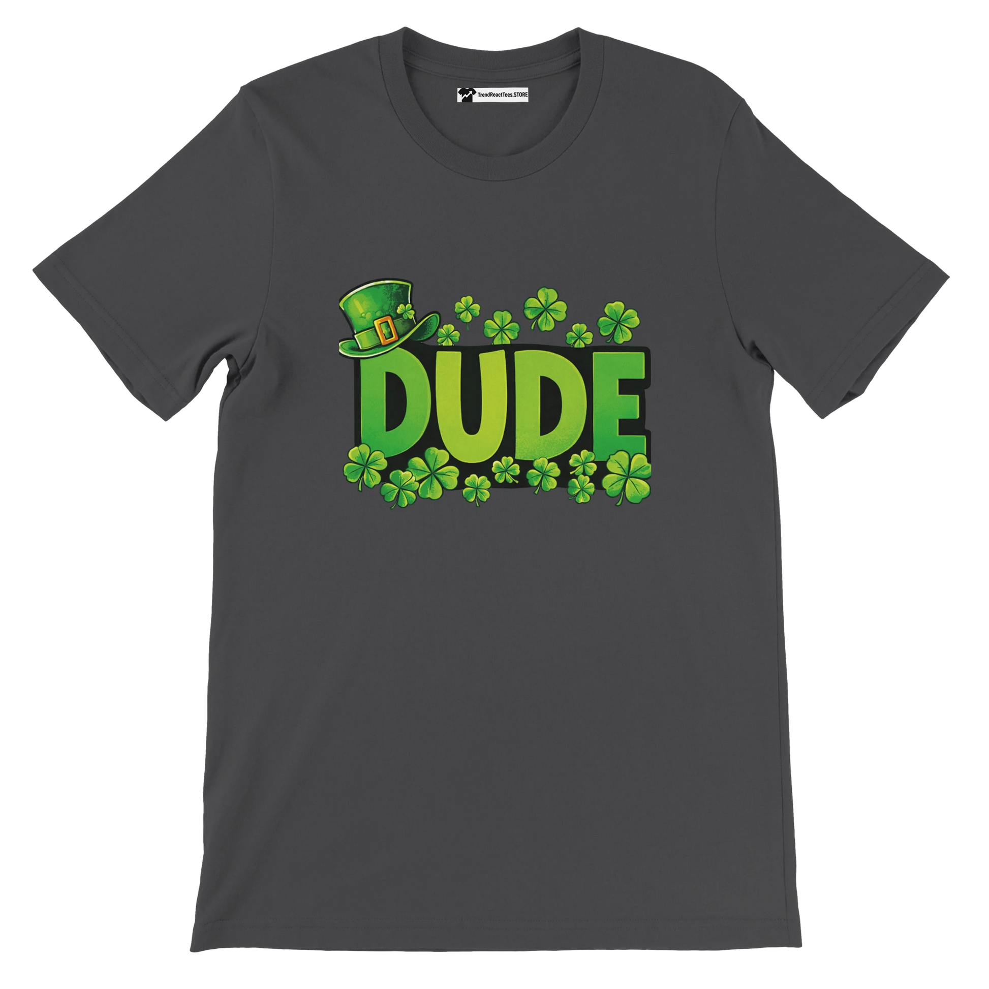 Dark t-shirt with green 'DUDE' text, shamrocks, and leprechaun hat graphic, St. Patrick's Day theme.