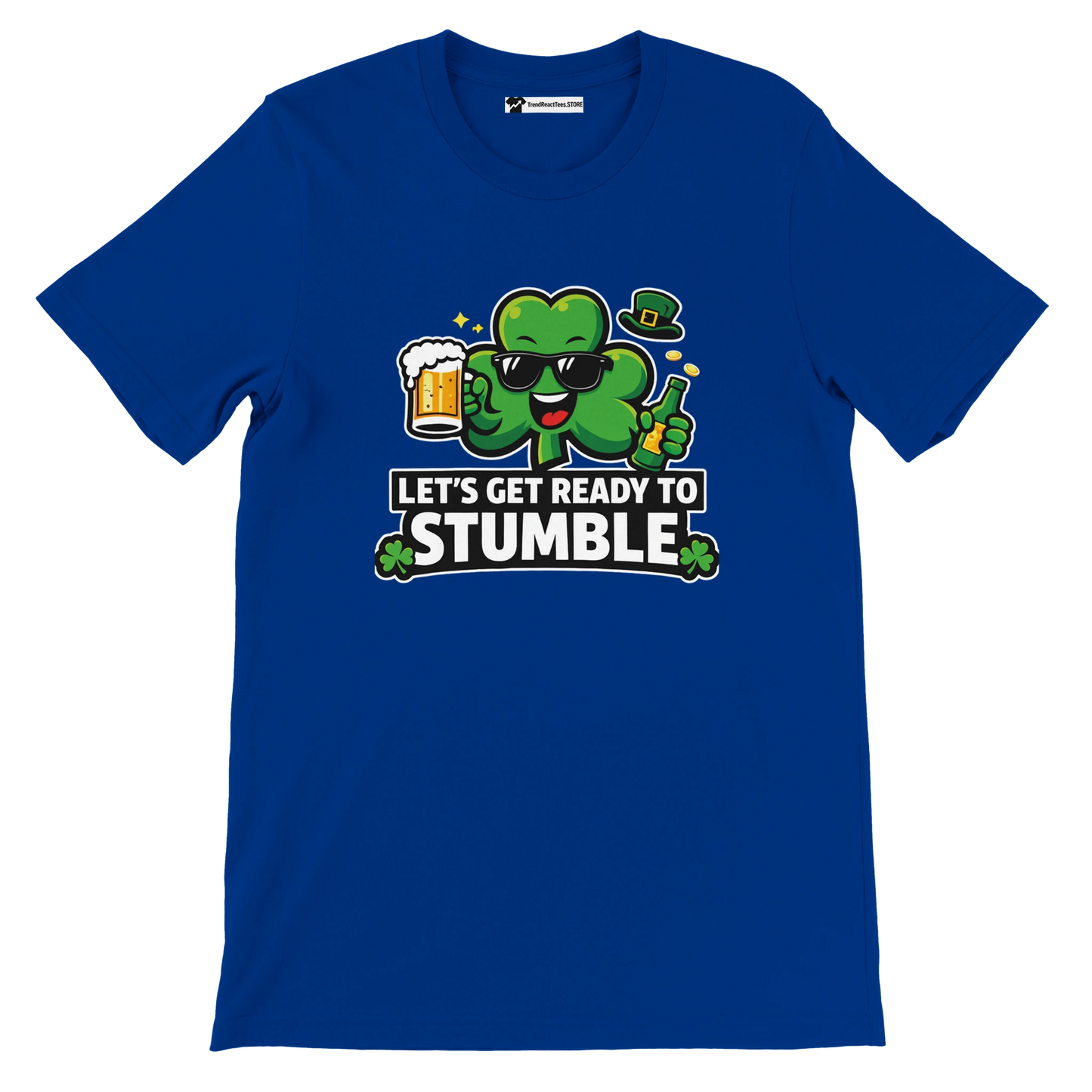 Blue t-shirt with cartoon shamrock, beer, bottle, and "Let's Get Ready to Stumble" St. Patrick's Day quote