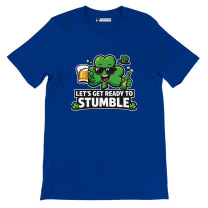 Blue t-shirt with cartoon shamrock, beer, bottle, and "Let's Get Ready to Stumble" St. Patrick's Day quote