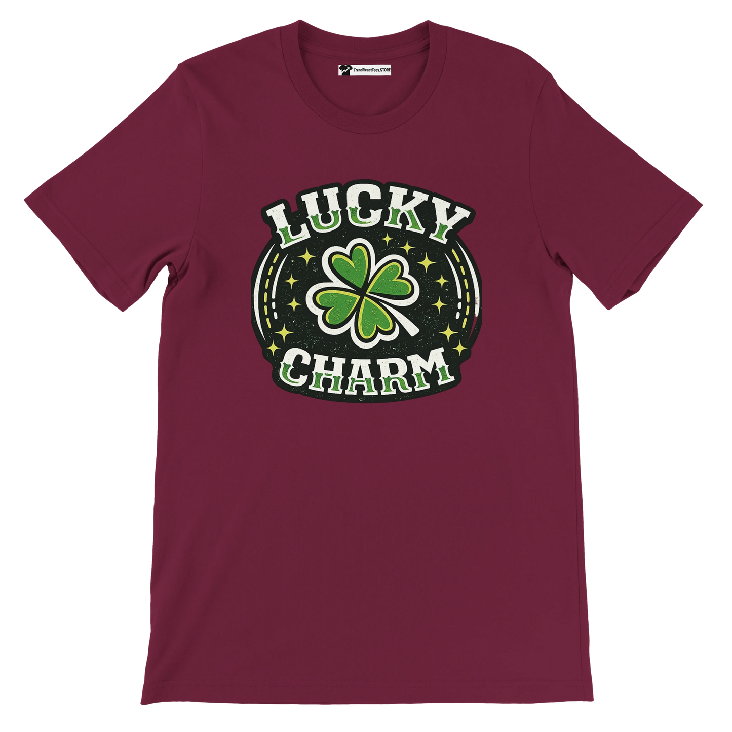 Maroon t-shirt with green four-leaf clover and 'Lucky Charm' text, festive graphic tee