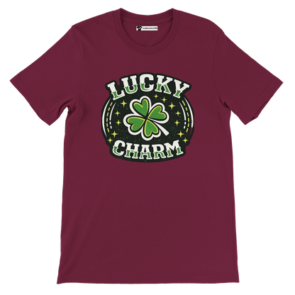 Maroon t-shirt with green four-leaf clover and 'Lucky Charm' text, festive graphic tee