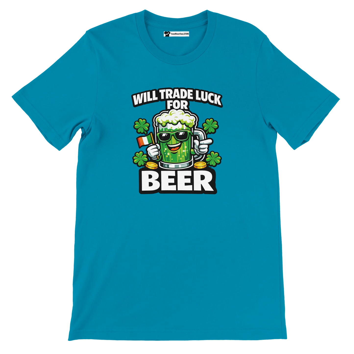 Blue tee with 'Will Trade Luck for Beer' graphic, shamrocks, and Irish flag for St. Patrick's Day