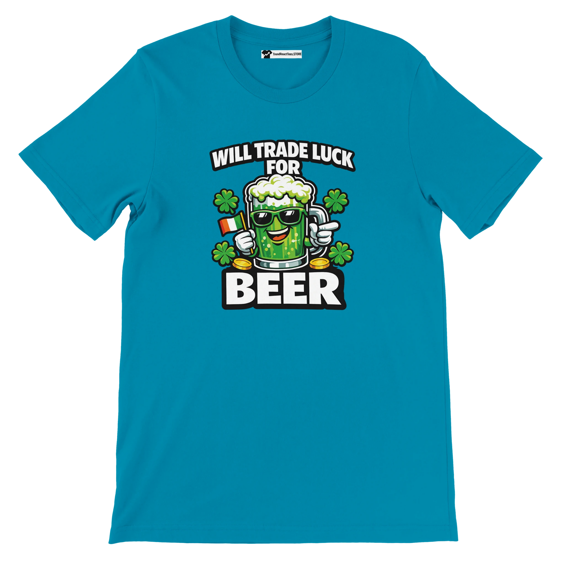Blue tee with 'Will Trade Luck for Beer' graphic, shamrocks, and Irish flag for St. Patrick's Day