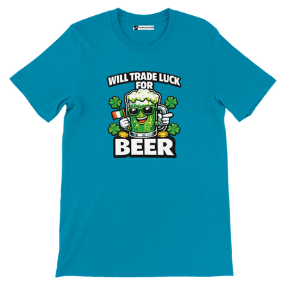 Blue tee with 'Will Trade Luck for Beer' graphic, shamrocks, and Irish flag for St. Patrick's Day