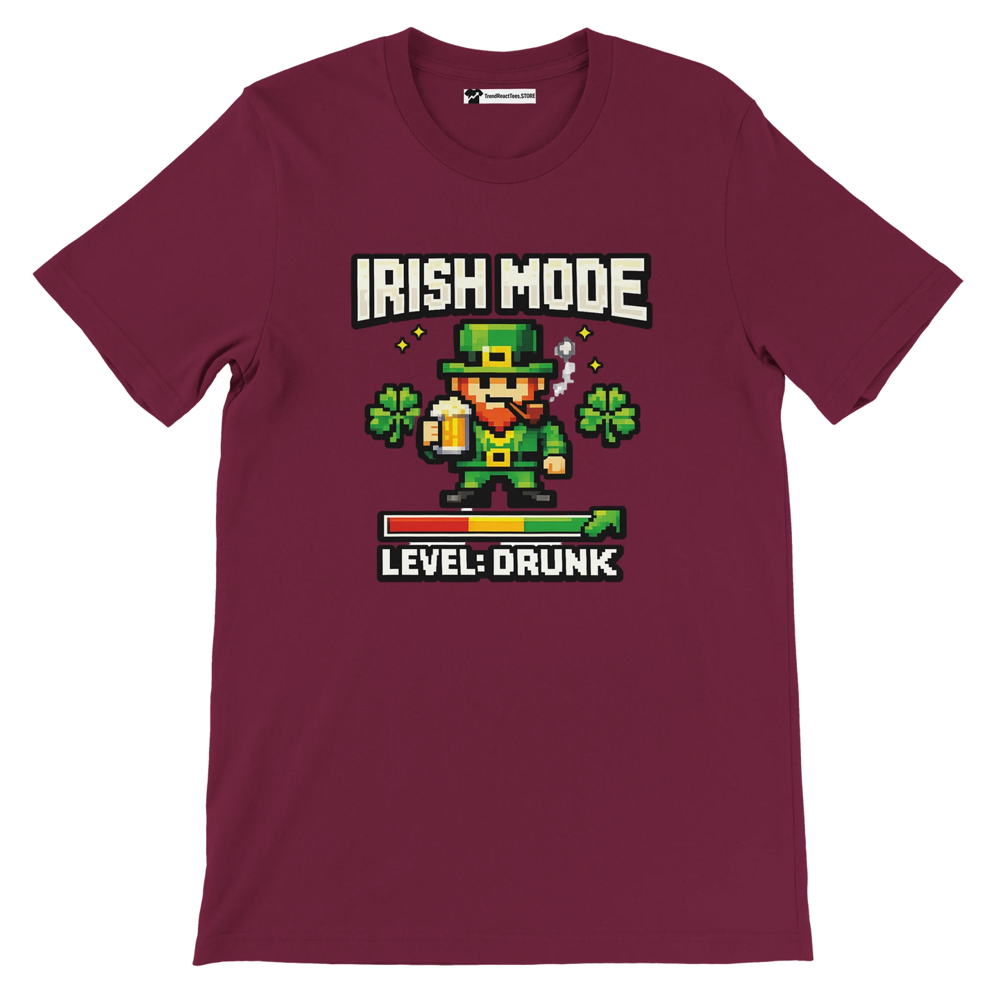 Irish Mode Level Drunk pixel art leprechaun tee with shamrocks, beer, and game bar graphic on maroon shirt
