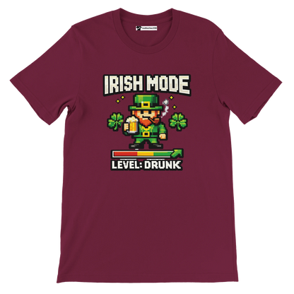 Irish Mode Level Drunk pixel art leprechaun tee with shamrocks, beer, and game bar graphic on maroon shirt