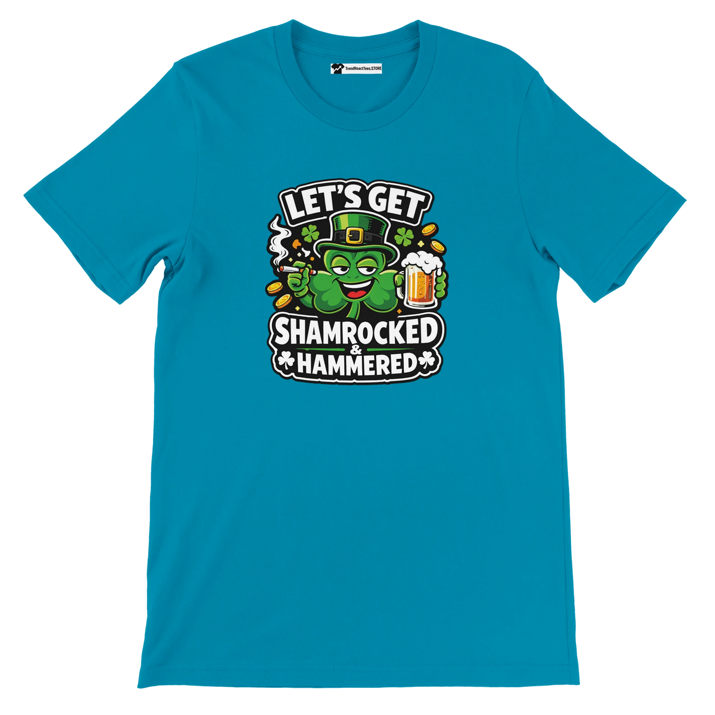Blue t-shirt with cartoon shamrock, beer mug, gold coins and 'Let's Get Shamrocked & Hammered' text.
