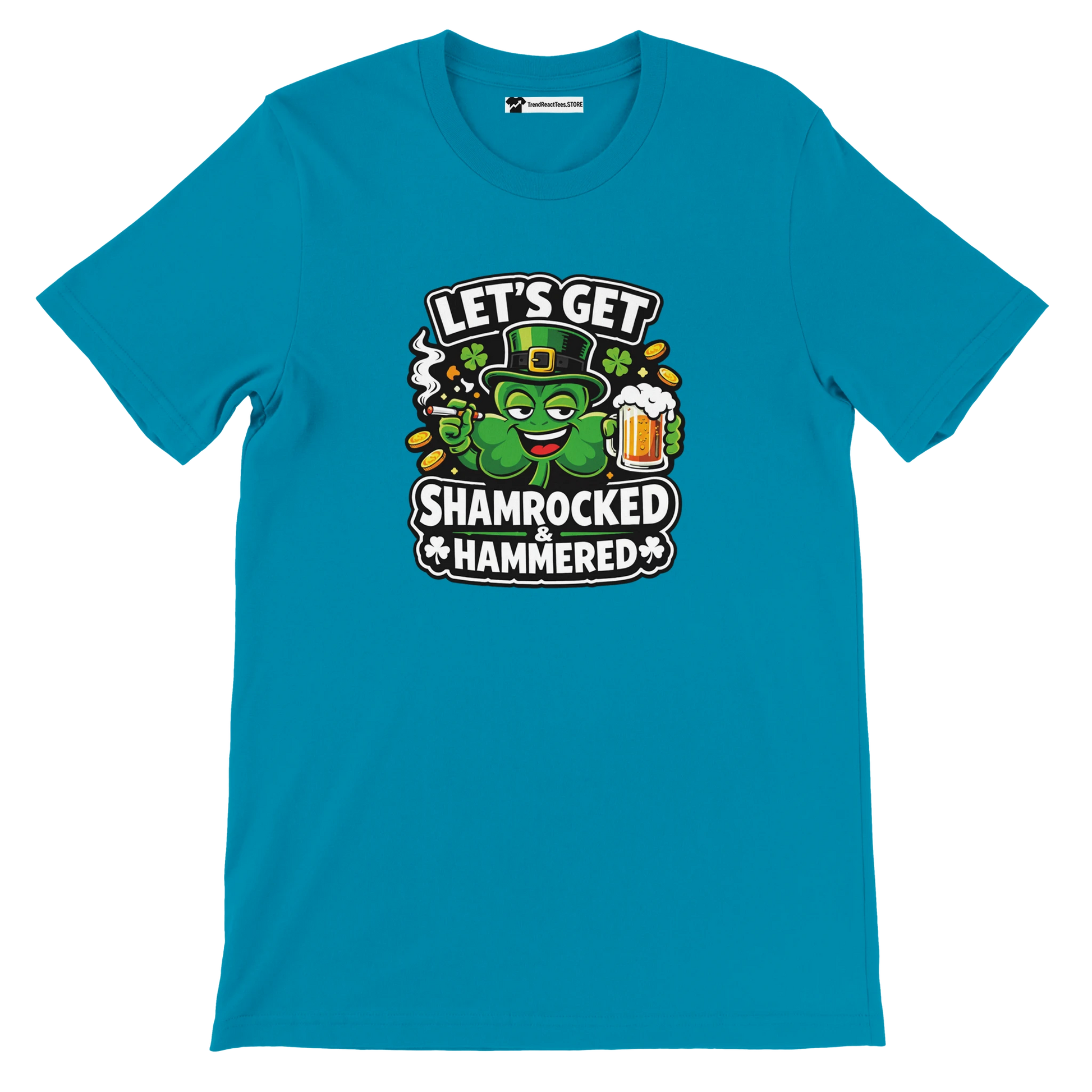 Blue t-shirt with cartoon shamrock, beer mug, gold coins and 'Let's Get Shamrocked & Hammered' text.