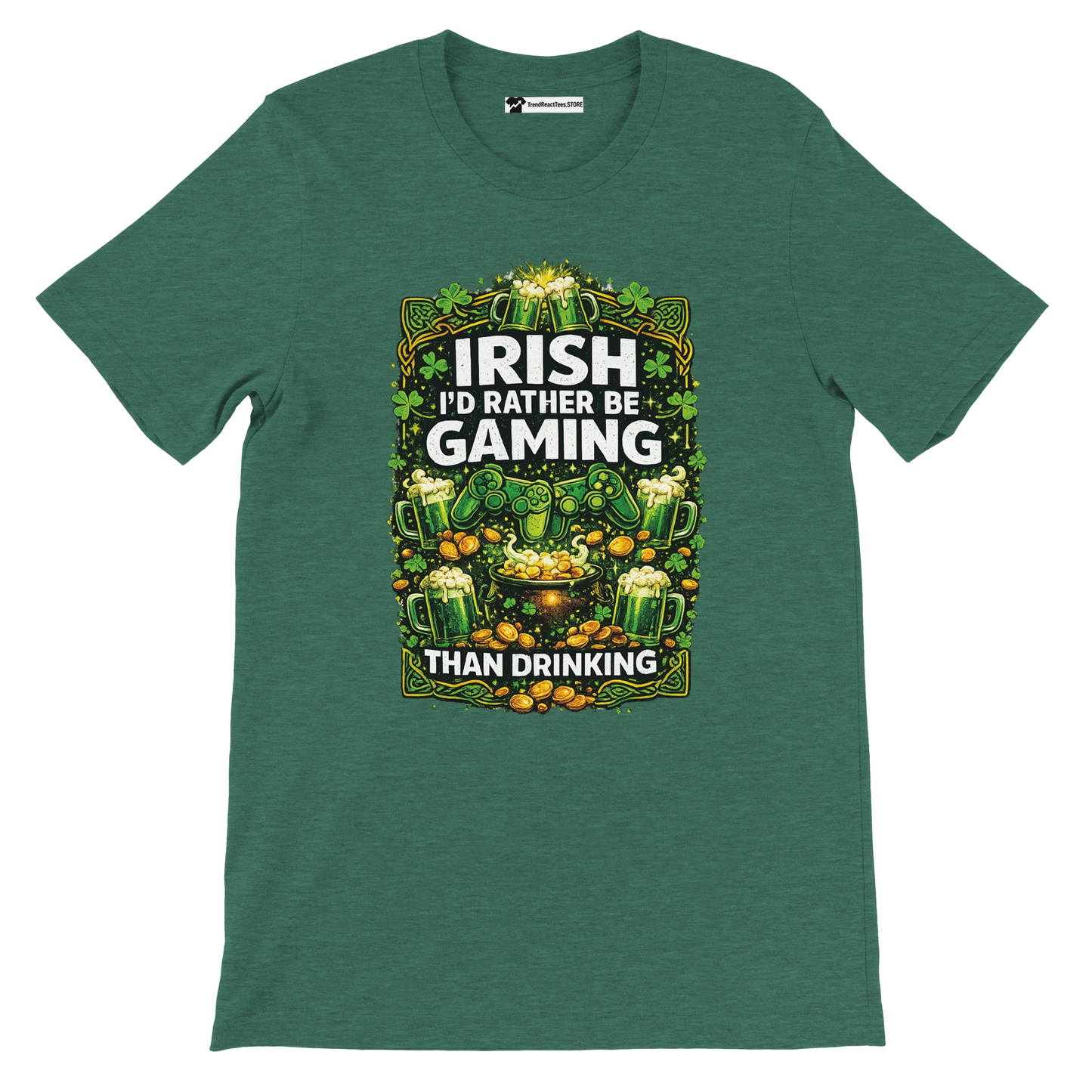 Green Irish gaming tee with shamrocks, beer, and controllers for St. Patrick's Day