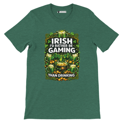 Green Irish gaming tee with shamrocks, beer, and controllers for St. Patrick's Day