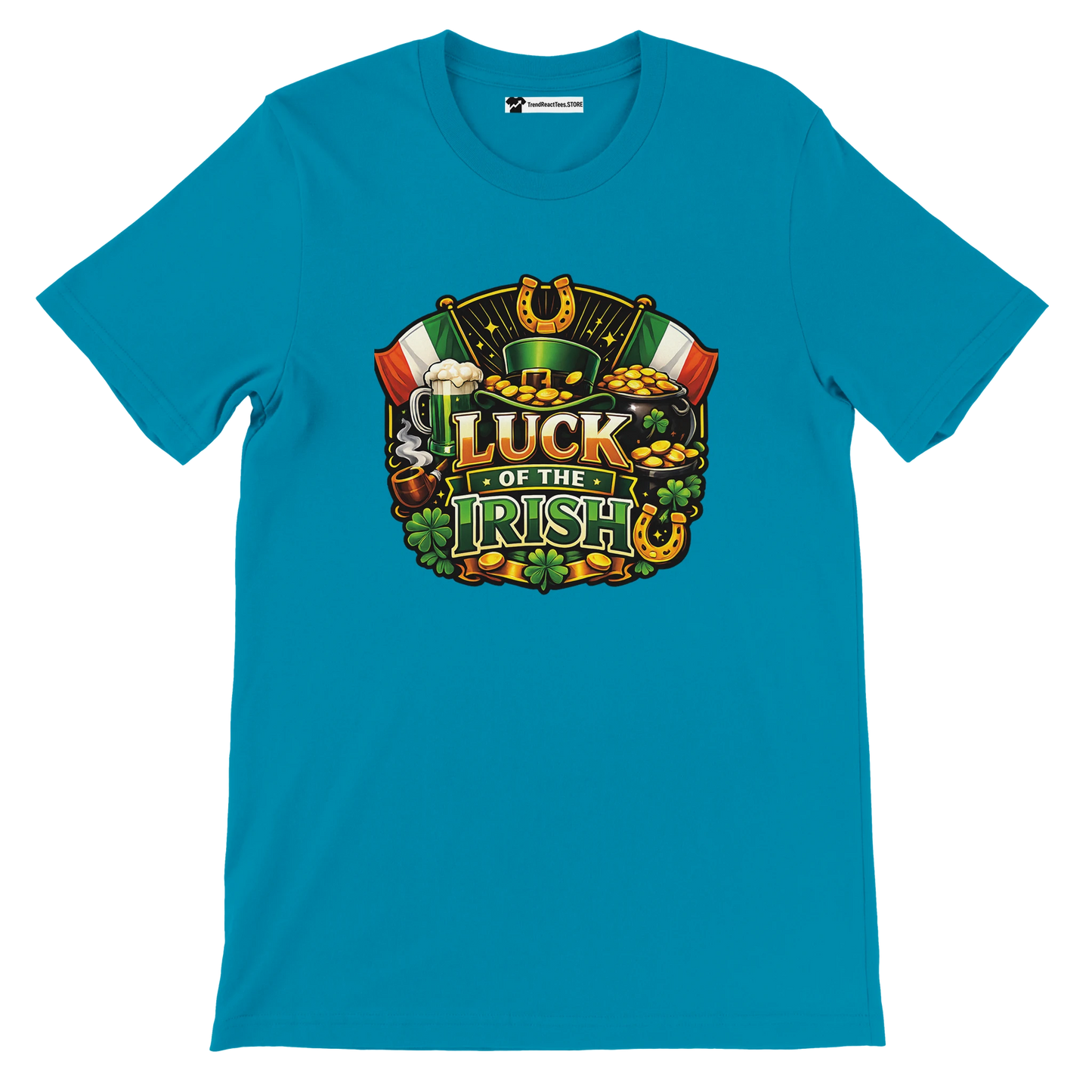 Teal t-shirt with 'Luck of the Irish' graphic, featuring clovers, beer, gold coins, and flags.
