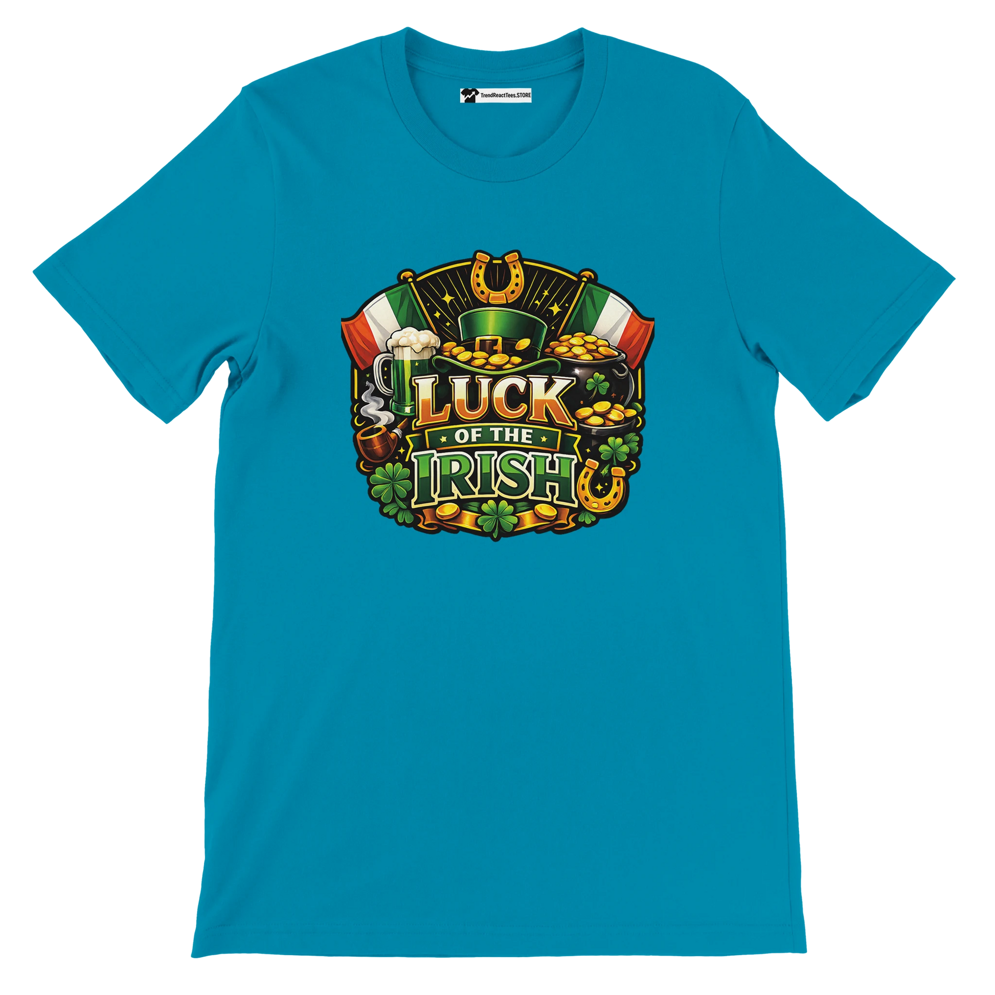 Teal t-shirt with 'Luck of the Irish' graphic, featuring clovers, beer, gold coins, and flags.