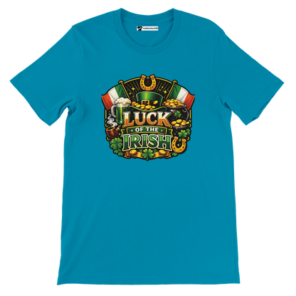 Teal t-shirt with 'Luck of the Irish' graphic, featuring clovers, beer, gold coins, and flags.
