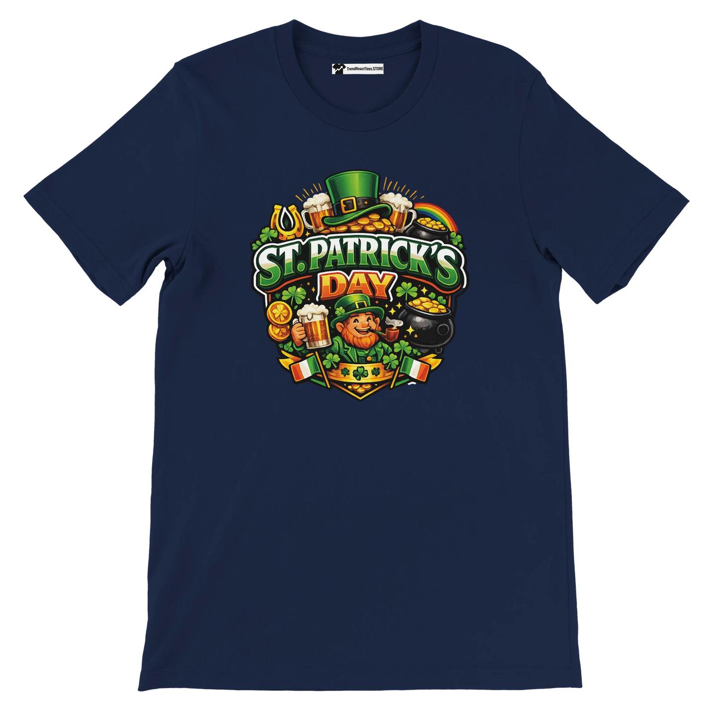 St. Patrick's Day tee with leprechaun, shamrocks, beer, and gold coins design