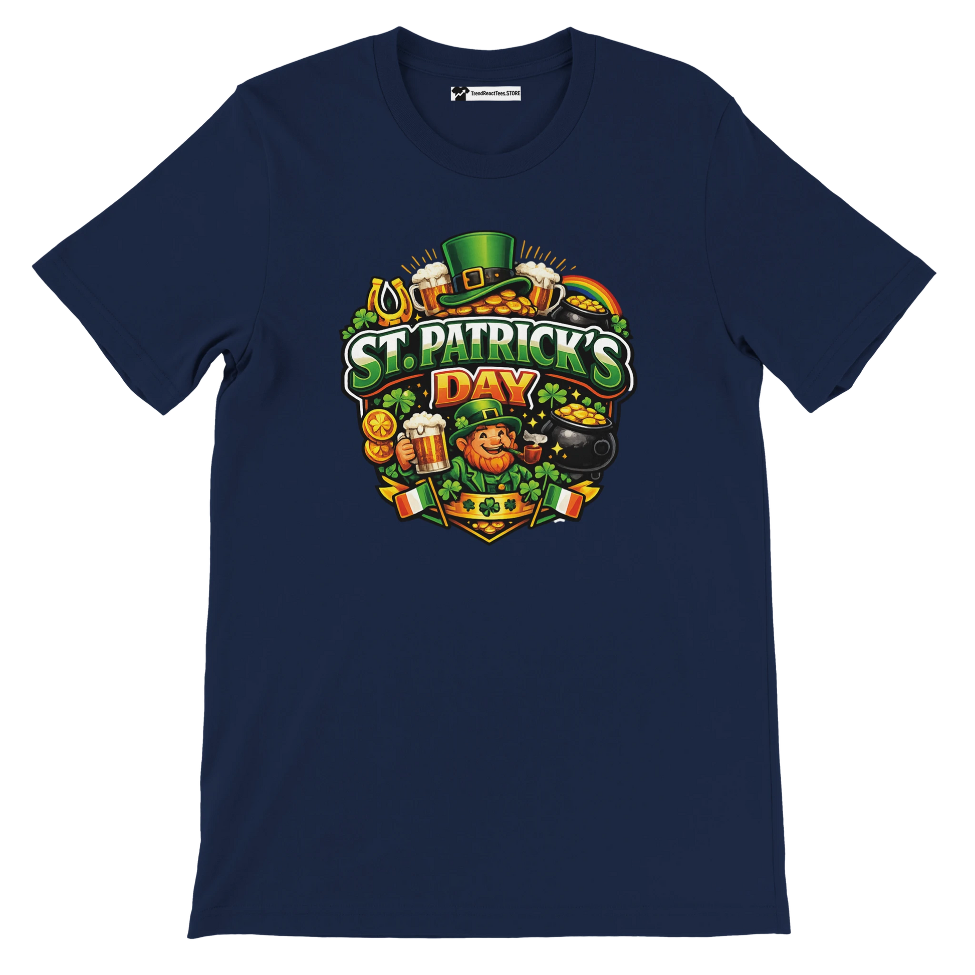St. Patrick's Day tee with leprechaun, shamrocks, beer, and gold coins design
