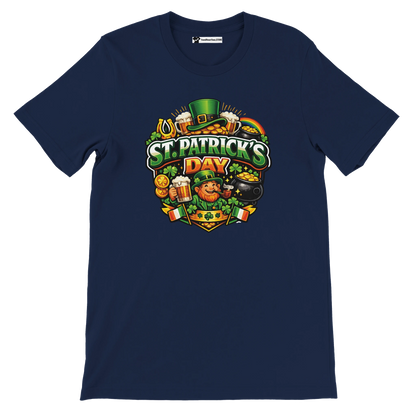 St. Patrick's Day tee with leprechaun, shamrocks, beer, and gold coins design