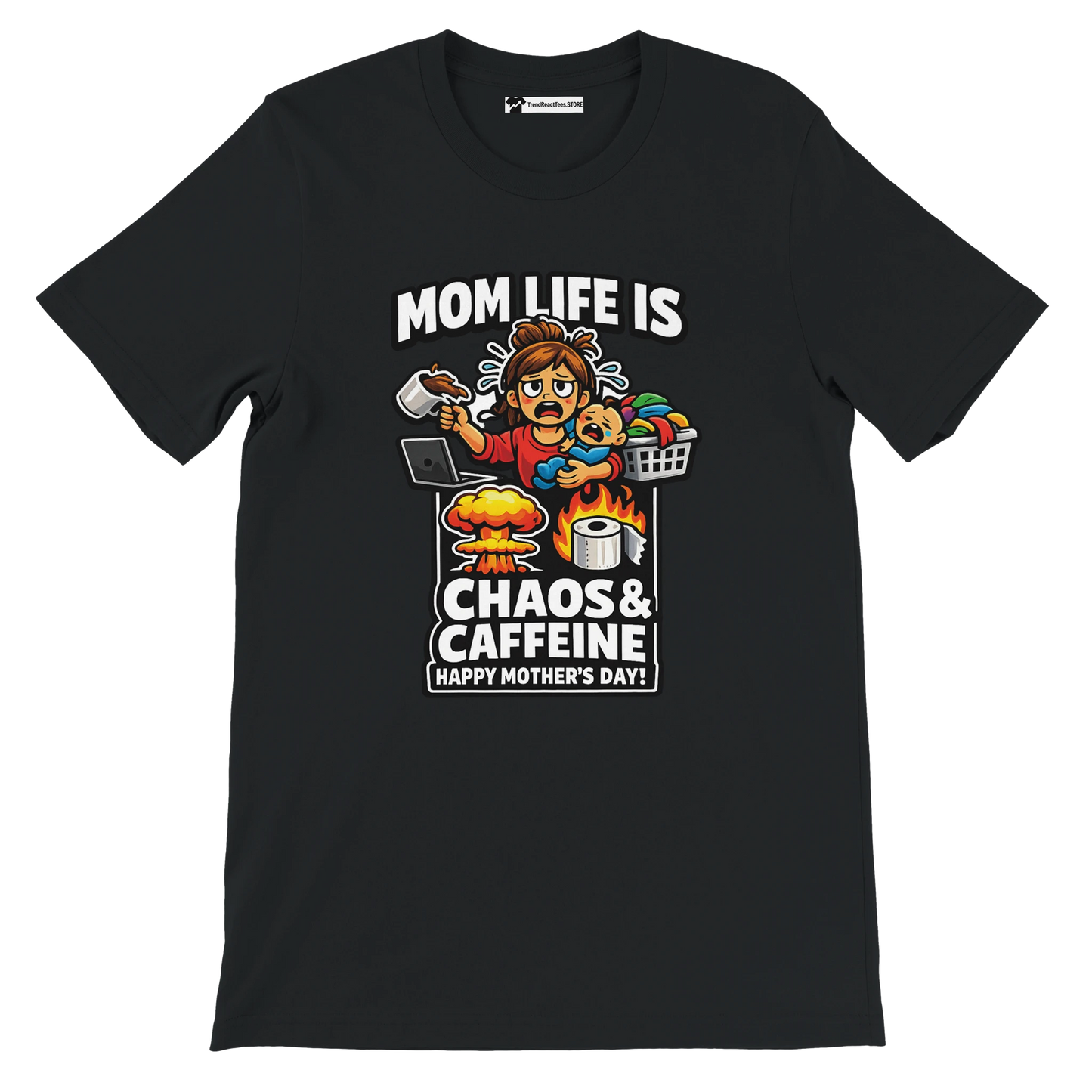 Black anime-style Mother's Day tee with stressed mom, baby, coffee, and chaos graphics