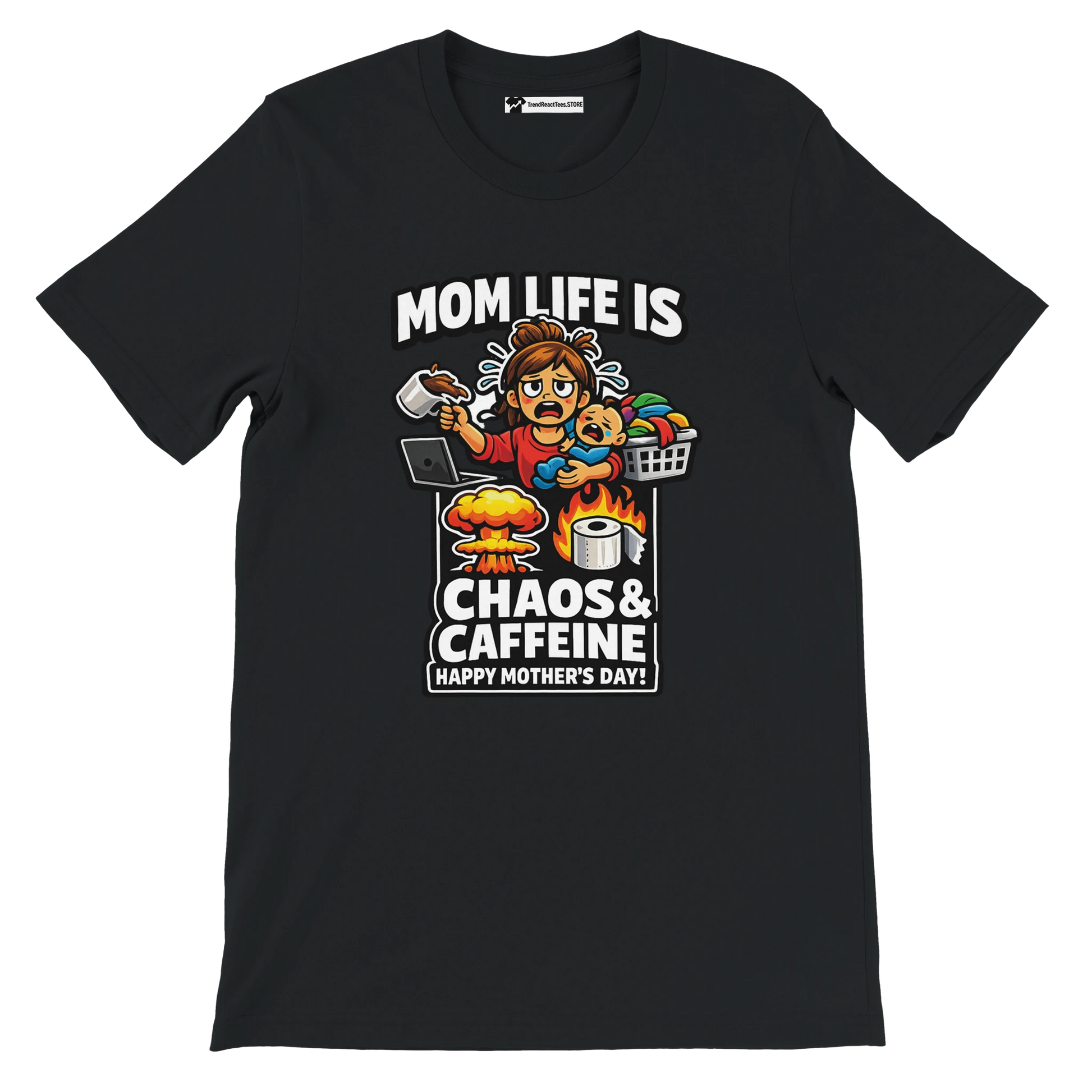 Black anime-style Mother's Day tee with stressed mom, baby, coffee, and chaos graphics