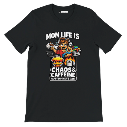 Black anime-style Mother's Day tee with stressed mom, baby, coffee, and chaos graphics