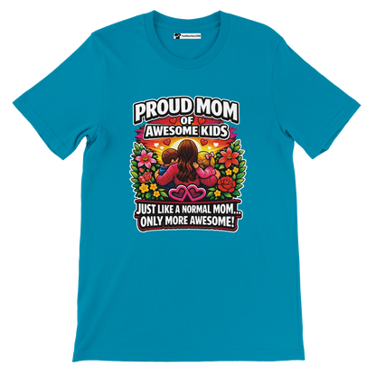 Blue graphic tee with 'Proud Mom of Awesome Kids' quote, woman and children illustration, floral accents
