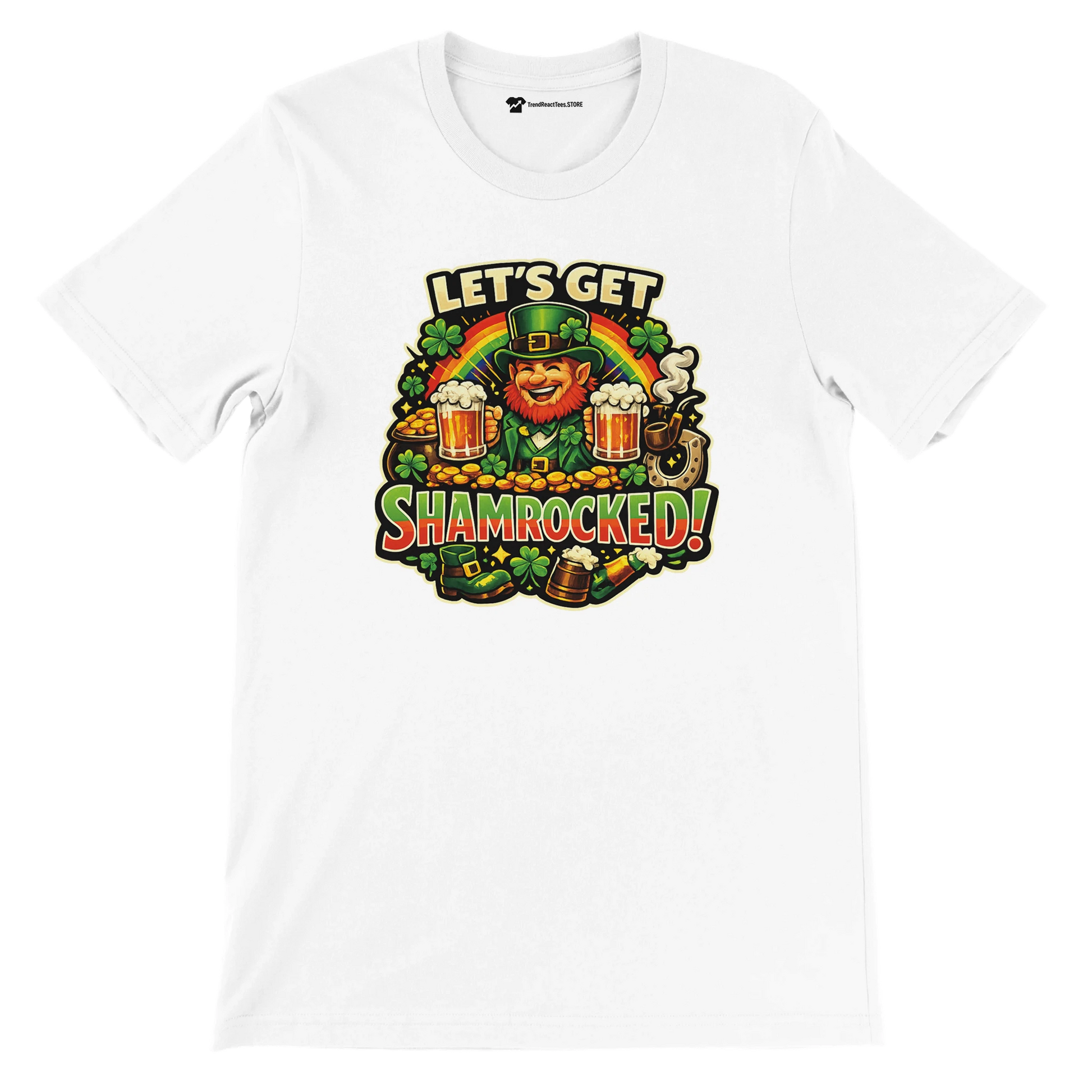 Let's Get Shamrocked! St. Patrick's Day T-Shirt with Leprechaun, Beer, and Shamrocks Design