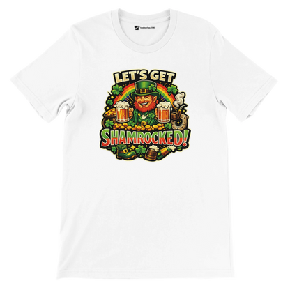 Let's Get Shamrocked! St. Patrick's Day T-Shirt with Leprechaun, Beer, and Shamrocks Design