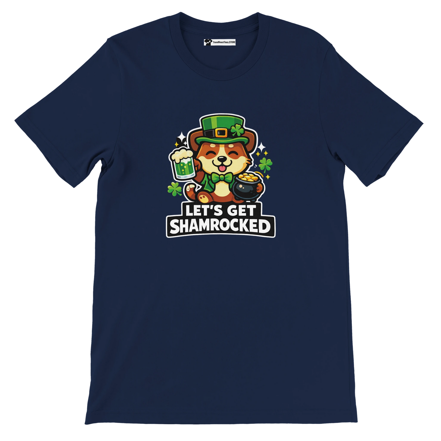 Navy t-shirt with cute dog in leprechaun hat, beer, and shamrocks, 'Let’s Get Shamrocked' text